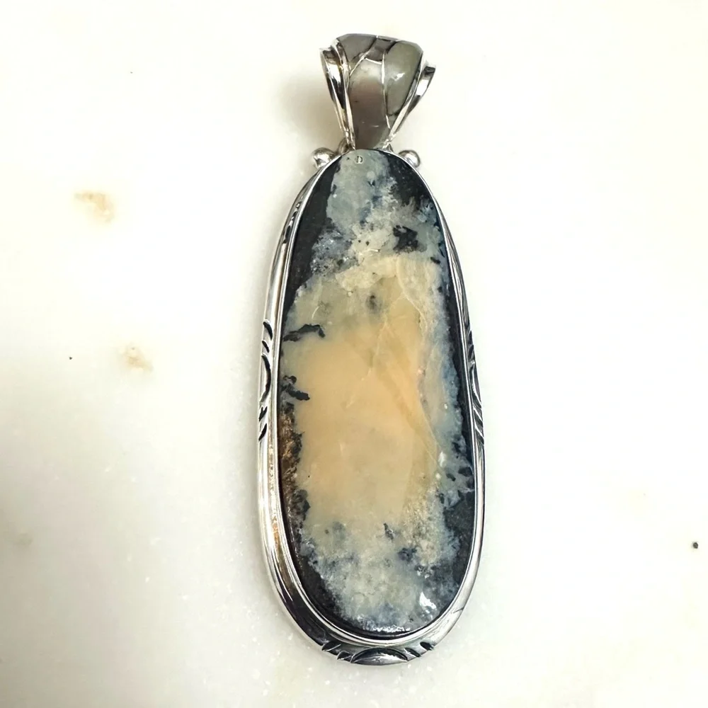Samson Sam Kee Native American Navajo Honey Moss Agate Sterling Silver Pendant
